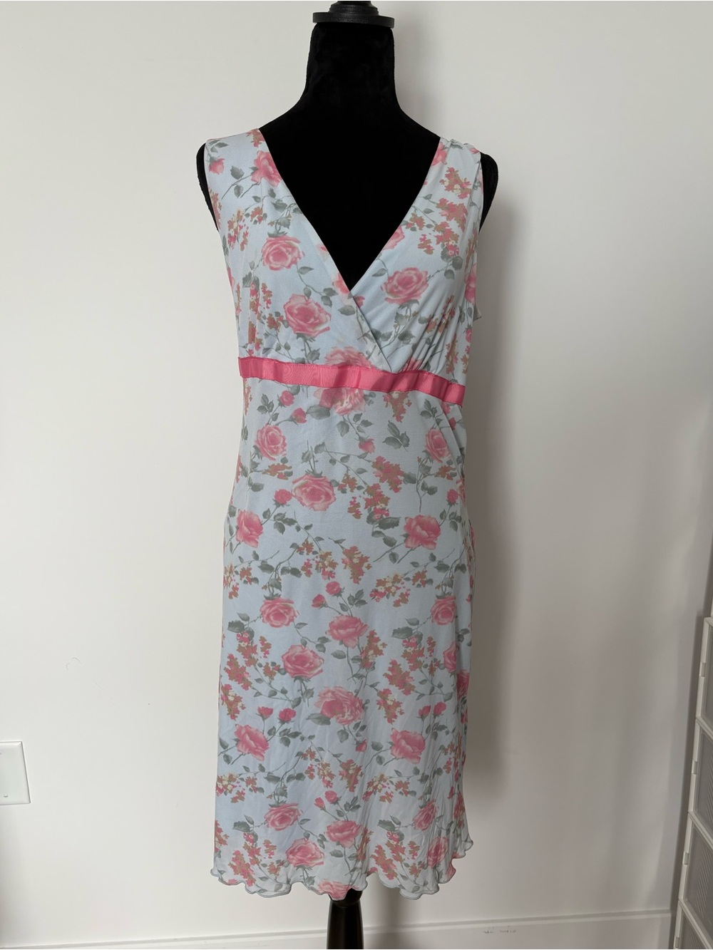 Blue floral dress with pink ribbon detail